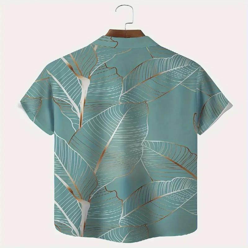Men's Tropical Leaf Pattern Digital Printed Short Sleeved Shirt with Casual Buttons Made of Polyester Fiber Summer Is Very Suitable for Summer Outings