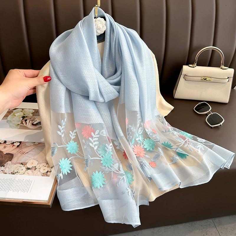 Floral Embroidery Elegant Silk Scarf Simulated Silk Soft Thin Shawl Scarf Solid Color 180*70Cm Beach Uv Protection Turban