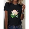Women Y2K Lotus Flower T-Shirt Black Pink Green Botanical Print Round Neck Short Sleeve Spring Summer Fall Casual Top