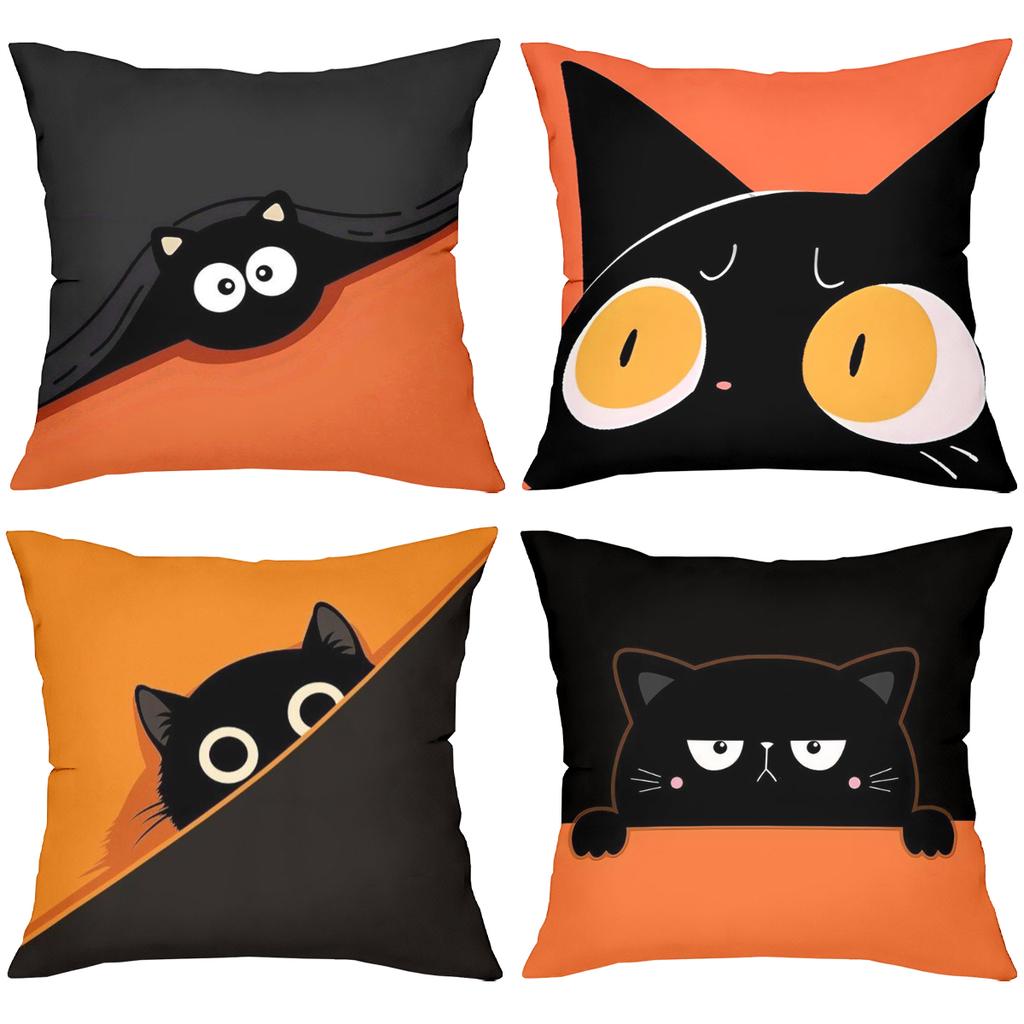 Cute Black Cat Pattern Orange And Black Throw Pillows Polyester pillowcase, sofa decorative cushion cov Headboard Pillow