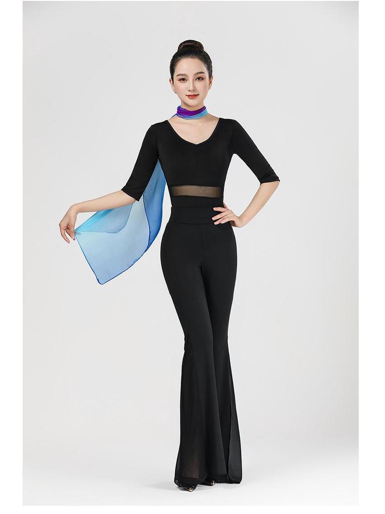 Women's V-Neck Short Sleeve Dance Outfit with Black Flared Pants