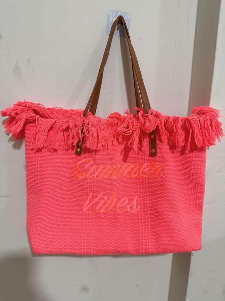 Women's Large Capacity Canvas Tote with Embroidered Letters - Braided Beach & Shoulder Handbag