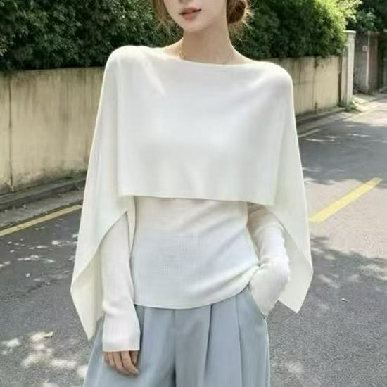Korean Style Elegant Two-Piece Shawl Knitwear Sweater for Women - Autumn Cape Sleeves, Solid Color, Loose Fit, Slimming Top.