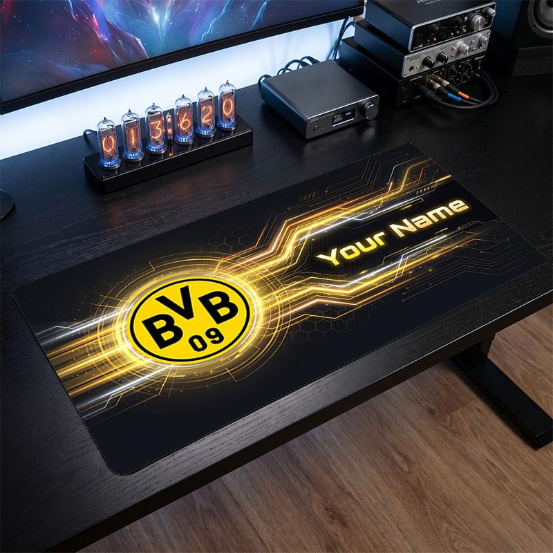 Borussia Dortmund Benutzerdefiniertes Großes Mauspade, Personalisierter Name Textdruck, Fußball Logo Rutschfeste Schreibtischmatte Gaming Geschenk