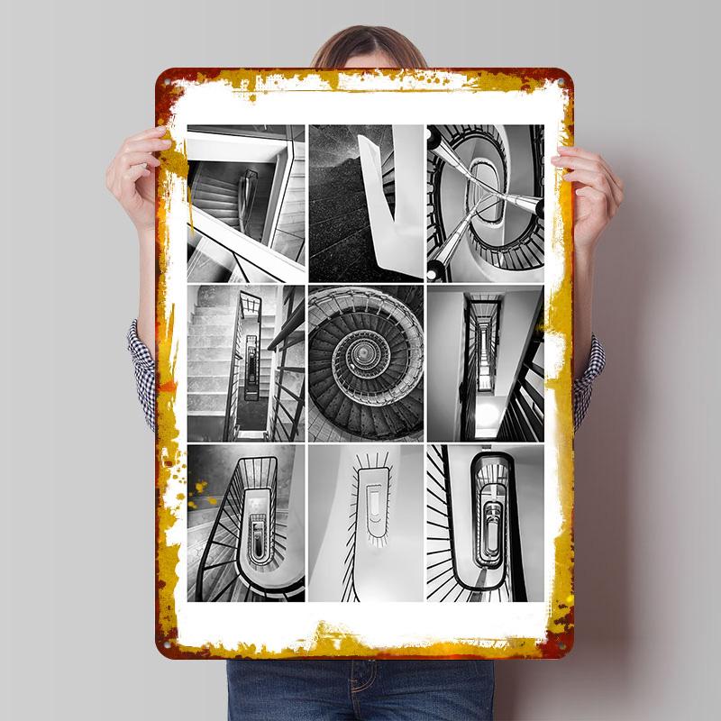 

Spiral Staircase Collage Poster Customized Wall Art Vintage Metal Signs Retro Tin Plaque for Man Cave Room Ornaments Wand Deko 20x30cm（7.8x11.8inch）