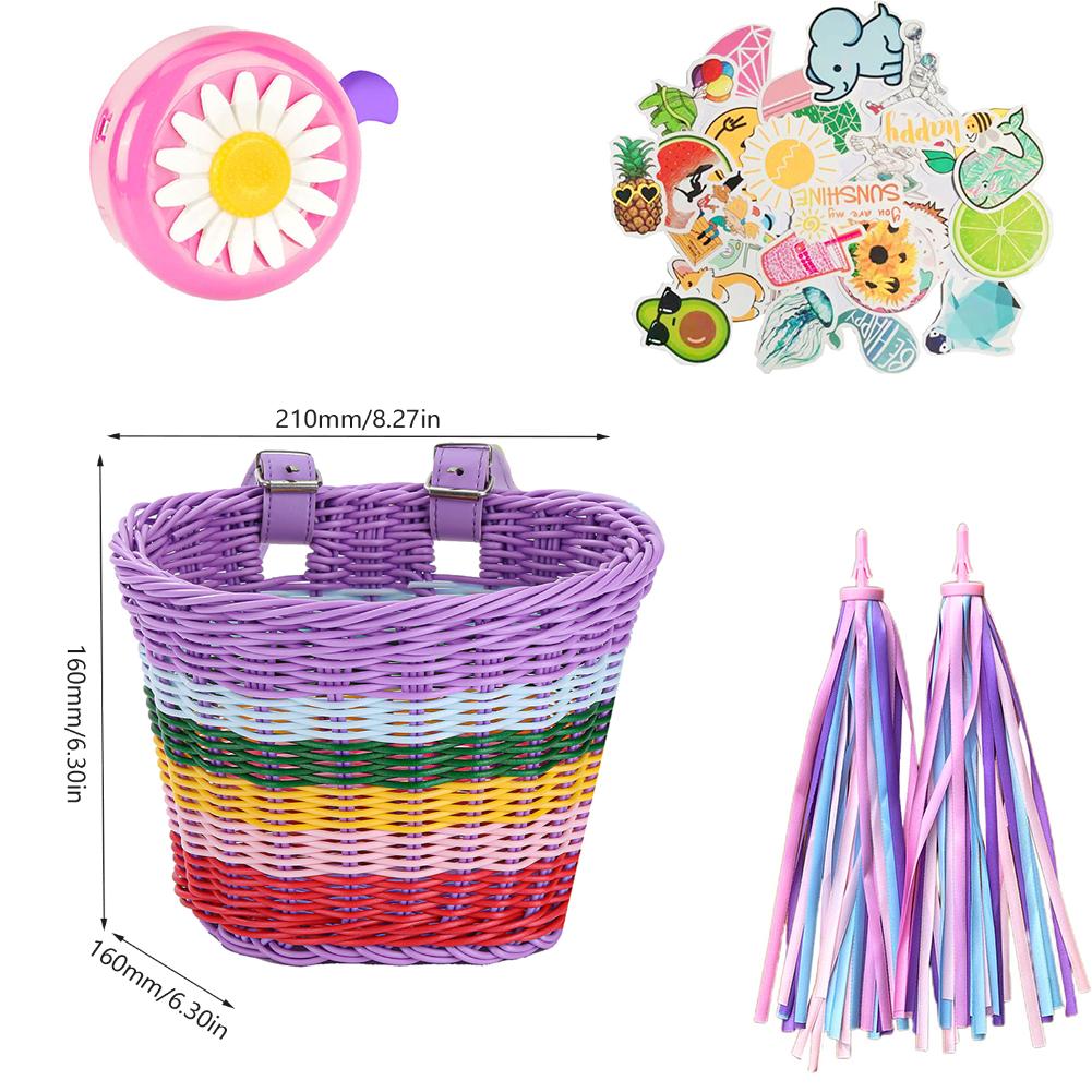 4pcs Hand-Woven Bicycle Basket with Bell Tassel Stickers Adjustable Bike Handlebar Carrier Basket Cycling Accessories
