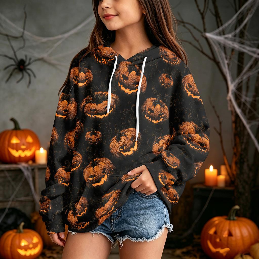 Kids Casual Halloween Print Hoodie for Holiday and Everyday Wear