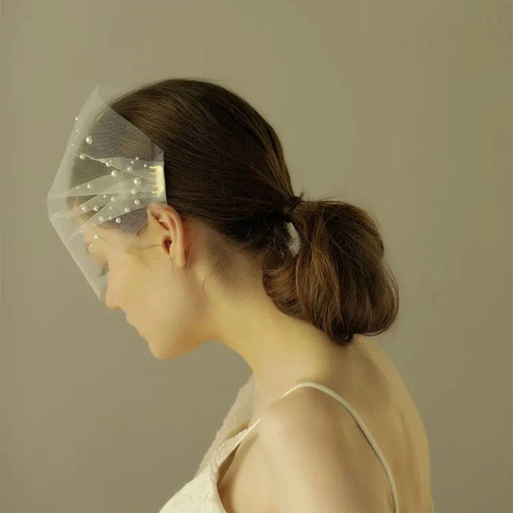Soft Tulle Blusher Veil Handmade Pearls Side Comb Veil Lightweight Bridal Veil  Bridal Shower