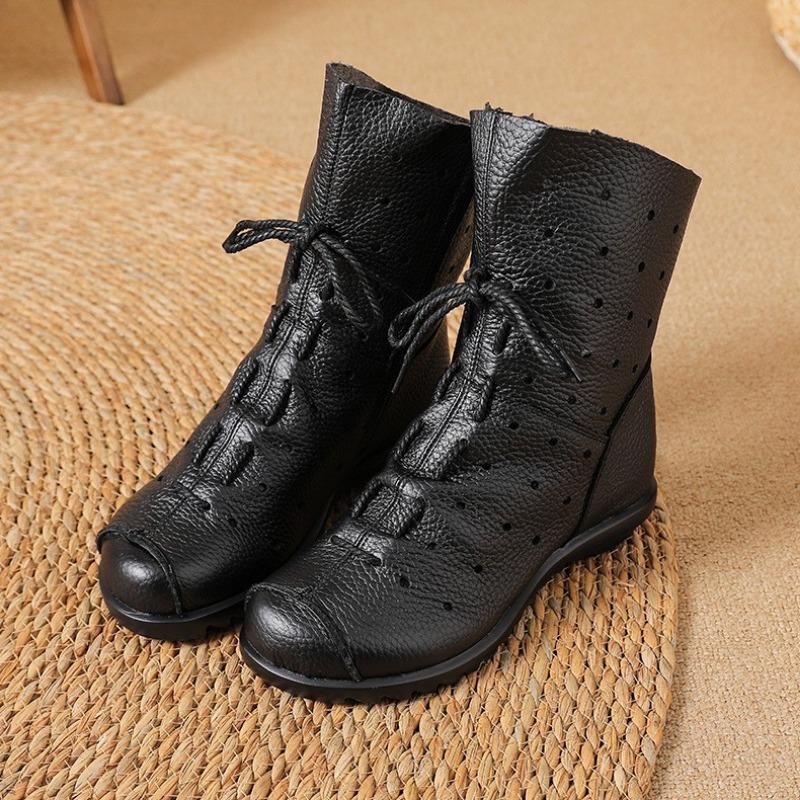 

Medium tube white hollow women s leather boots Thin summer breathable and comfortable soft bottom First layer cowhide round head side zipper 35 чёрный