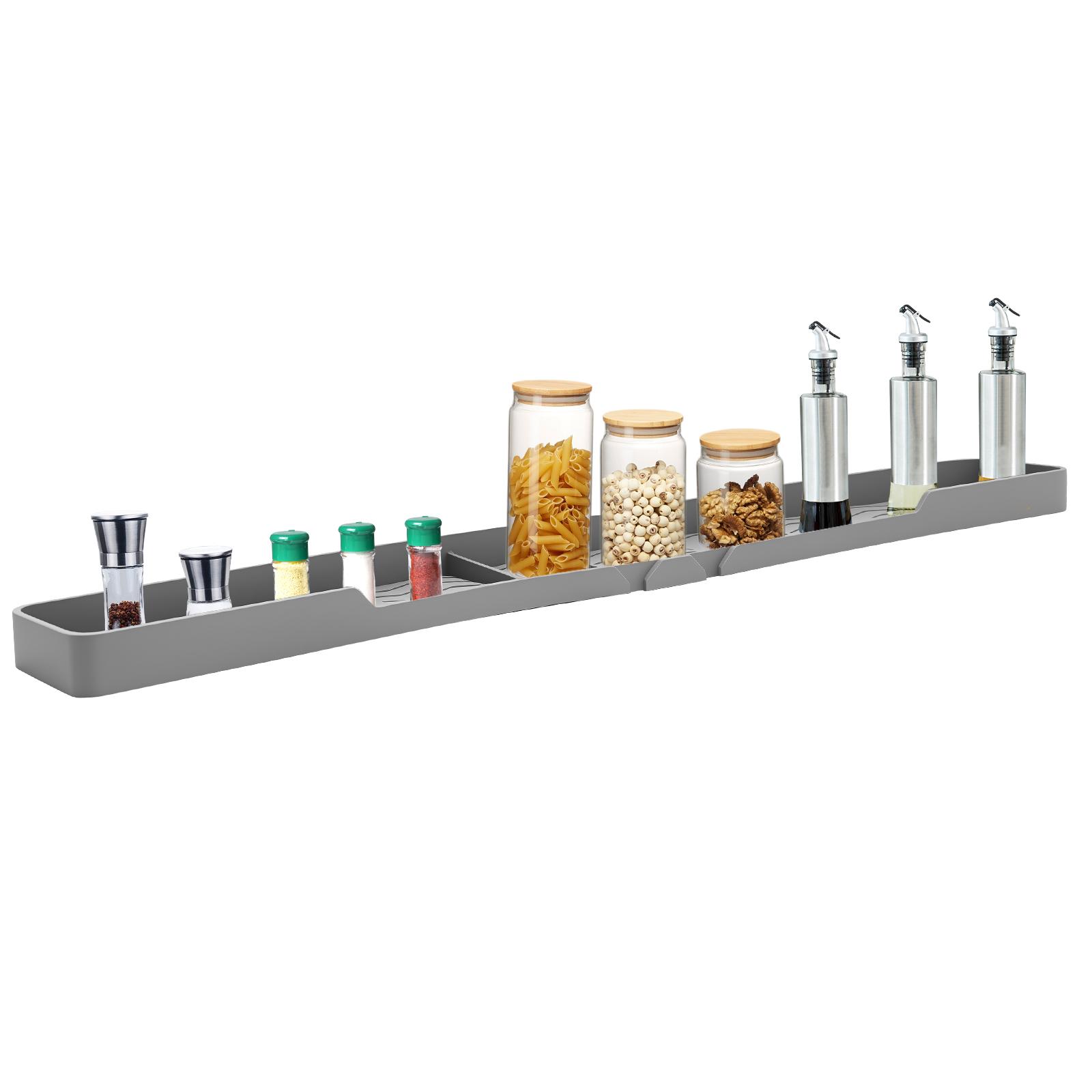 

Kitchen Stove Top Spice Rack 30 Inch Silicone Magnetic Shelf With 3 Functional Partitions for Gadgets Condiment Organization серый