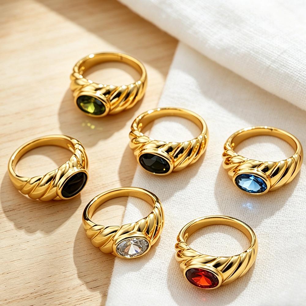 Oval Colored Zircon Ring Woman Stainless Steel Natural Stone 18K Gold Plated Metal Shiny Waterproof Party Jewelry Gifts