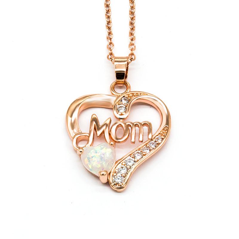 Mom Heart Opal & CZ Pendant Necklace, Mother's Day Gift Rose Gold/Silver Plated Cable Chain Necklace