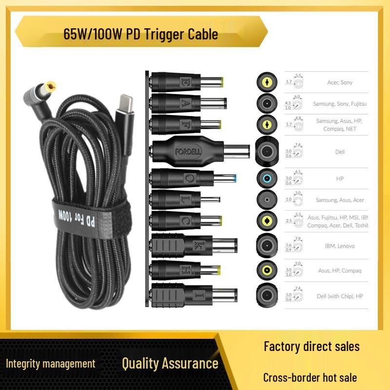 100W PD Fast-Charging Type-C to DC Cable for Lenovo, HP, Dell, Asus Laptops