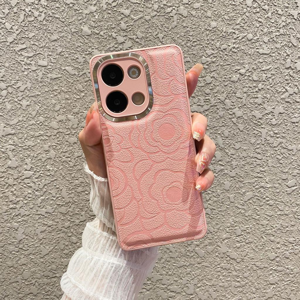 OPPOReno13pro Mobile Phone Case Camellia Flowers Suitable for FindX8U Metal Ring Leather Pattern Reno12 Protective Case