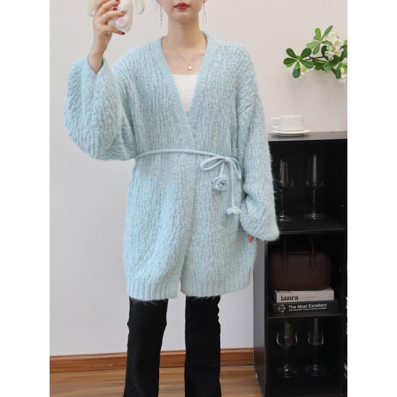 Autumn and winter lace-up loose knitted cardigan medium and long temperament advanced sense gentle wind sweater jacket women