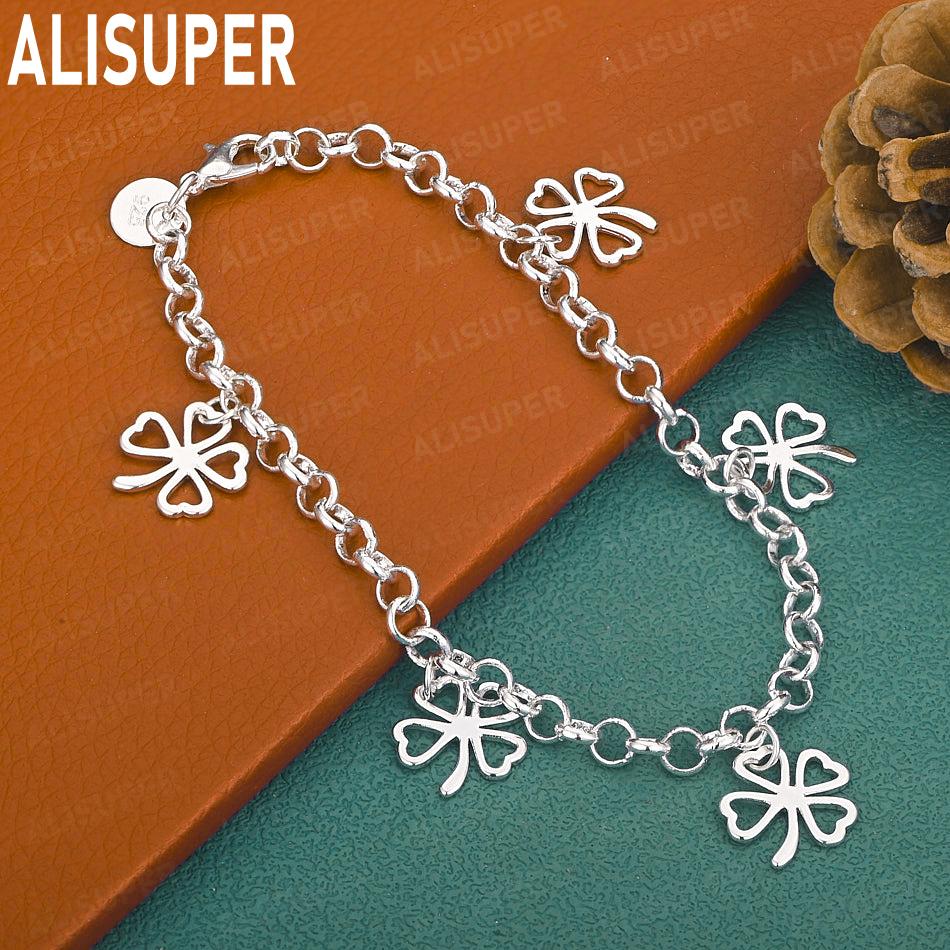 925 Sterling Silver Charming Four-Leaf Clover Side Chain Exquisite Bracelet Gift Jewelry 20CM