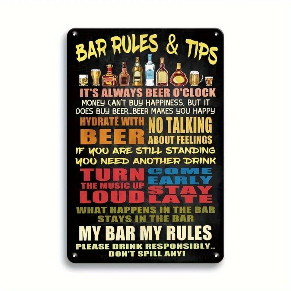 

8x12 Vintage Bar Rules Metal Sign 2D Flat Humorous Drinking Decor with Retro BeerCocktails Design Easy Hang for Man Cave 20x30cm