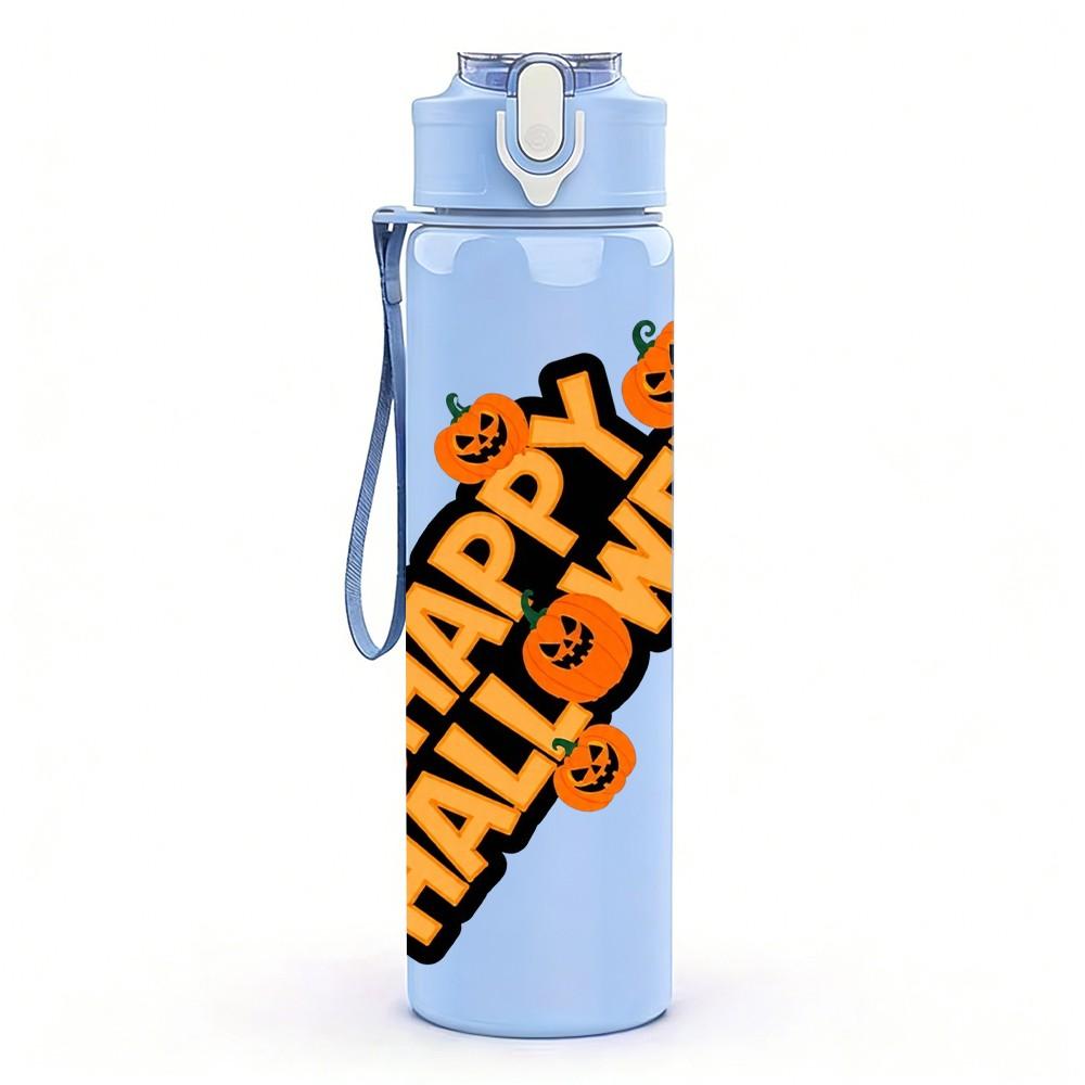 1PC Happy Halloween Text Art Pattern 750ml Color Plastic Sports Water Bottle Leakproof Flip Straw Lid Suitable for Sports Office Home Use