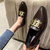 Fashion British Metal Chain Small Leather Shoes Women Oxfords Sneakers Derbies Shallow Pointed Toe Thick Heels Loafers Ladies Flats 2025
