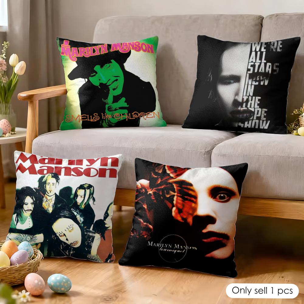 MMarilyn Manson Rock Cushion Cover Silky Short Plush Invisible Zipper Dustproof Sofa Pillow Case for Home Decor