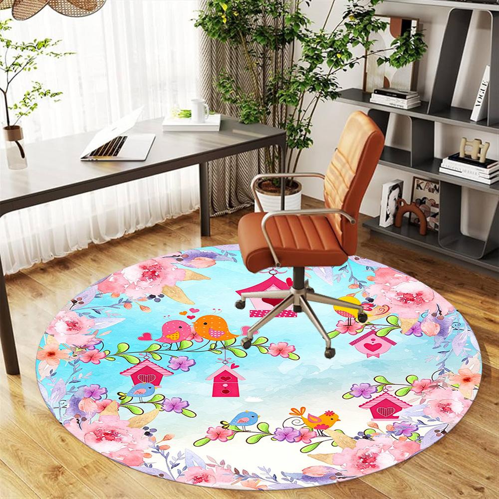 1pc Birds Flowers Round Chair mat office Area Rug - Non-Slip, Floor Mat for Office, Bedroom, and Indoor Decor p127220