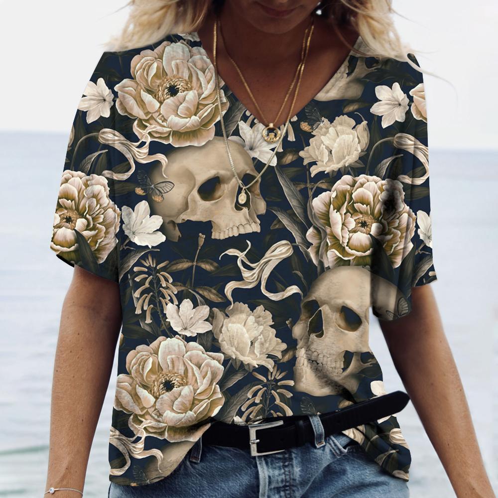 Summer V-neck 3D Skull Rose Print Top Fashionable Casual Short Sleeved Women's T-shirts