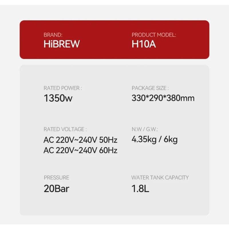 HiBREW H10A Semi-Auto Espresso Machine - 20Bar Pump (Rich Crema), 58mm Portafilter, Temp Adjustable, Stainless Steel, Cold/Hot for Home/Office