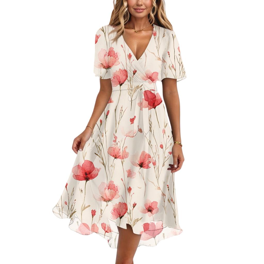 Damenmode Lässig V-Ausschnitt Kurzarm Rüschen Vintage Bedruckte Kleider