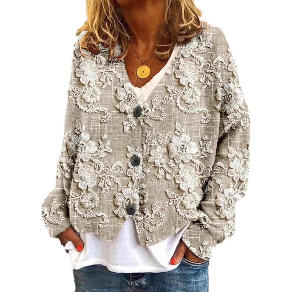 2026 Trending Women's Digital Print V-Neck Cardigan Sweater - Short, Long-Sleeve Design