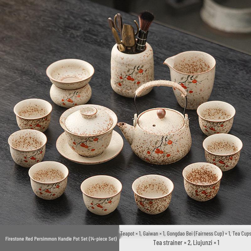 High-End Flint Red Gongfu Tea Set with Ceramic Kettle, Teacups, and Teaplatters