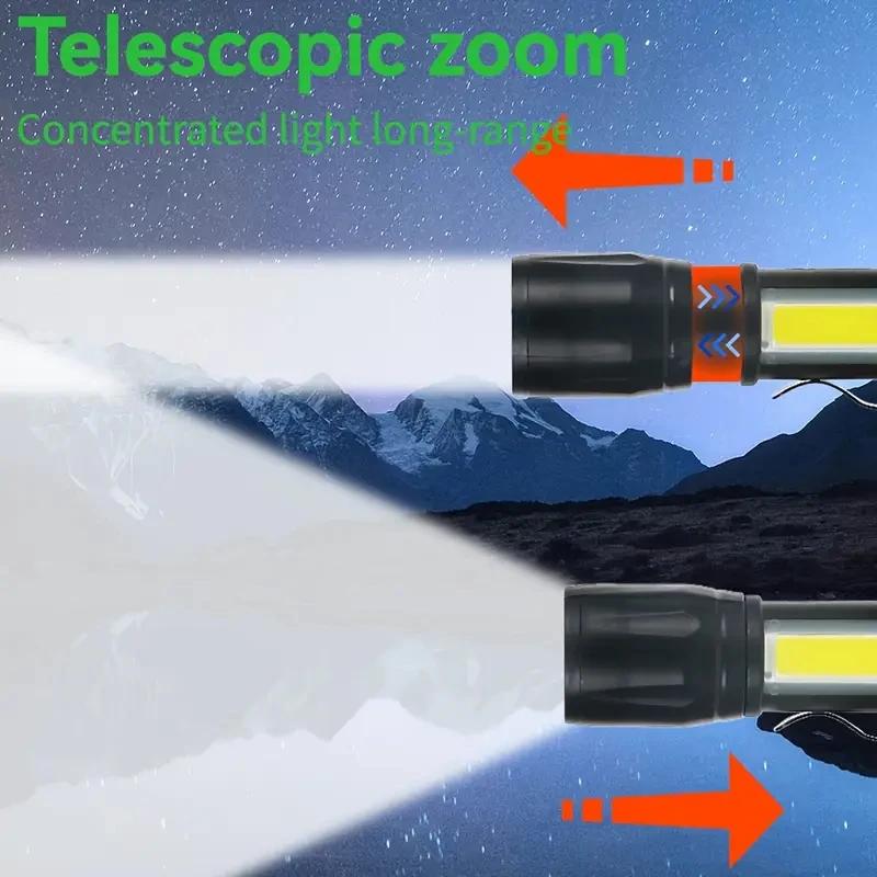 Powerful Mini LED Flashlight COB XPE Zoom Torch Built-in Battery USB Rechargeable with Pen Clip for Outdoor Camping Hiking Emergency Daily Use Light