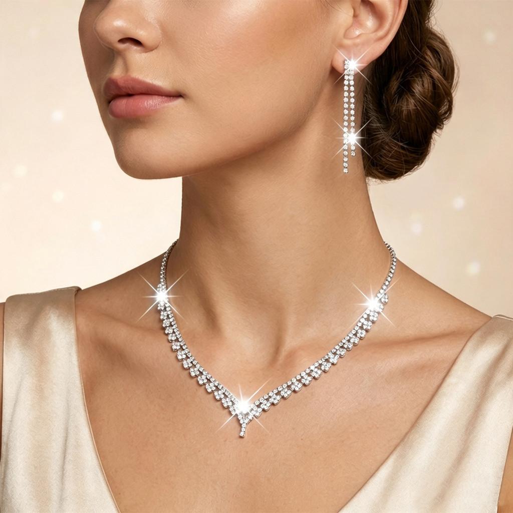 Geometric Alloy Necklace Earrings Set For Wedding With Water Drill Pendants