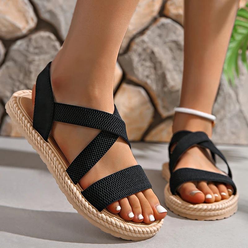 Fashion Summer New Flats Sole Women Sandals Fashion Cross Band Plus Size 43 Beach Sandels 2025 Hot Seller Ladies Vacation Zapatillas