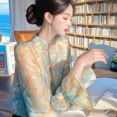New Chinese Style Floral Long Sleeve Blouse for Women Spring National Style Unique and Chic Top