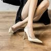 2025 High Heels Women's Spring and Autumn Satin New Thin Heels Pointed French Gentle Temperament Rhinestone Versatile and Beautiful Single Shoes