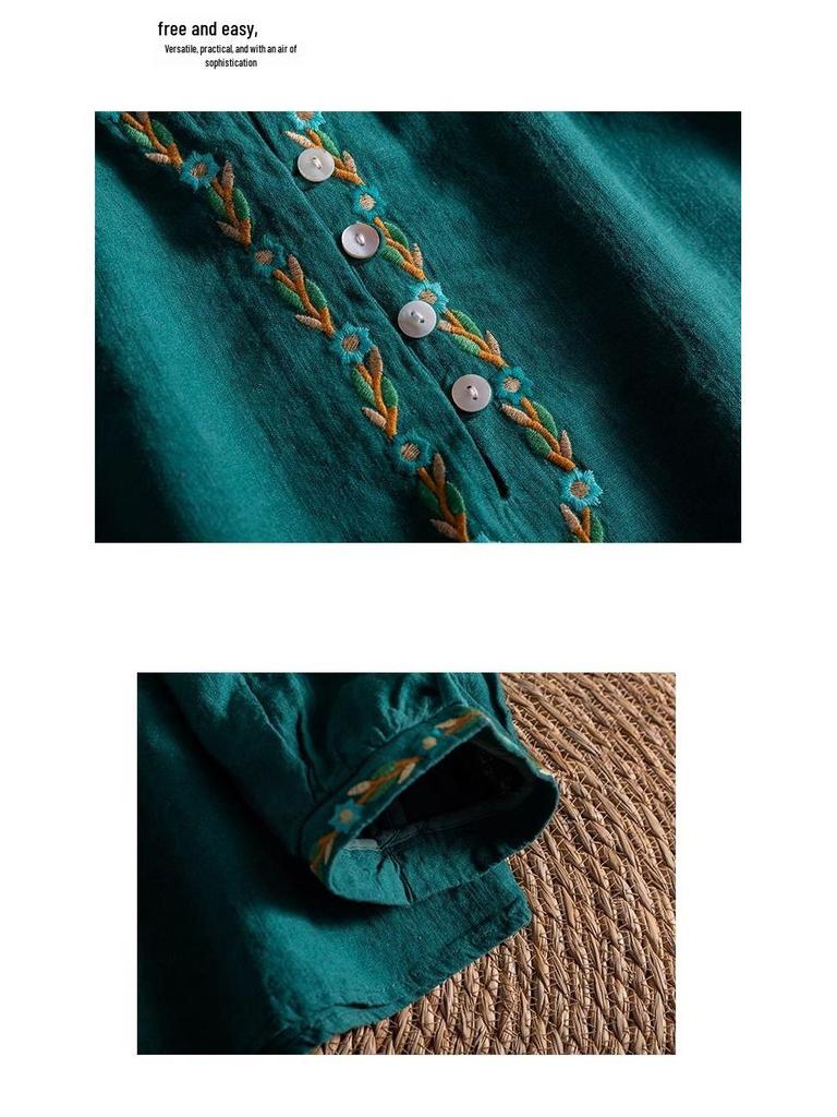 Damen Retro Bestickte V-Ausschnitt Baumwolle Leinen Bluse