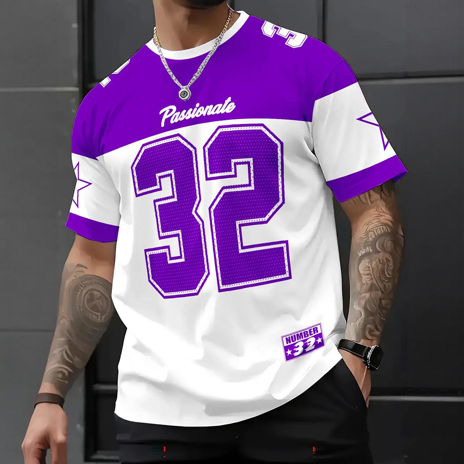 DXH Heren Korte Mouw Ronde Hals T-shirt met Cijferprint Losse Pasvorm Casual Sportkleding Top voor Dagelijks Gebruik en Buitenactiviteiten L paars