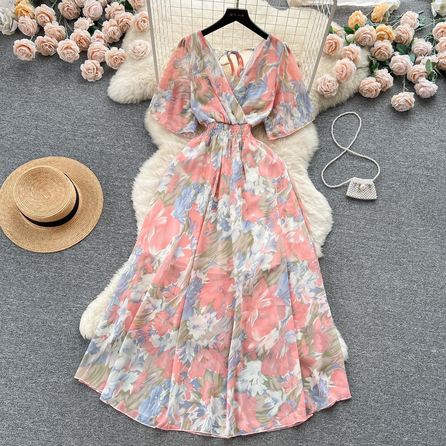 

Жіноча шифонова довга сукня з квітковим принтом у корейському стилі з V-подібним вирізом і короткими рукавами А-силуету Вечірні сукні в літньому богемному стилі Пляжні туфлі One Size