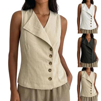 Women's Linen Blend Sleeveless Vest Top, Asymmetric Collar Button Down Blouse, Casual Summer Tank Top