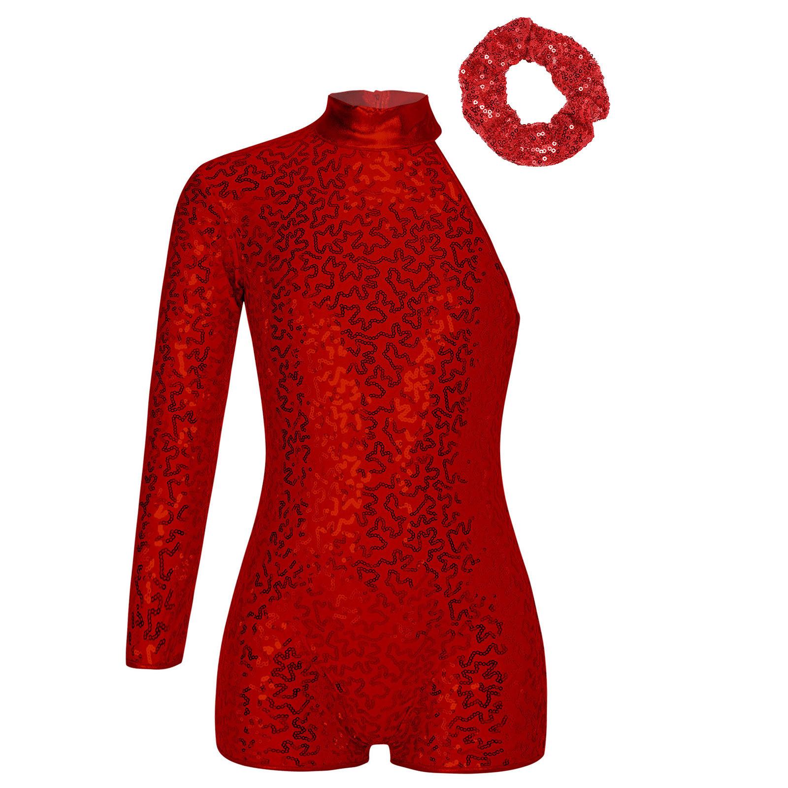 

Дівчачий блискучий леотар з паєтками, танцювальний одяг з одним довгим рукавом, невидимою блискавкою та аксесуаром для волосся 11-12 Years червоний