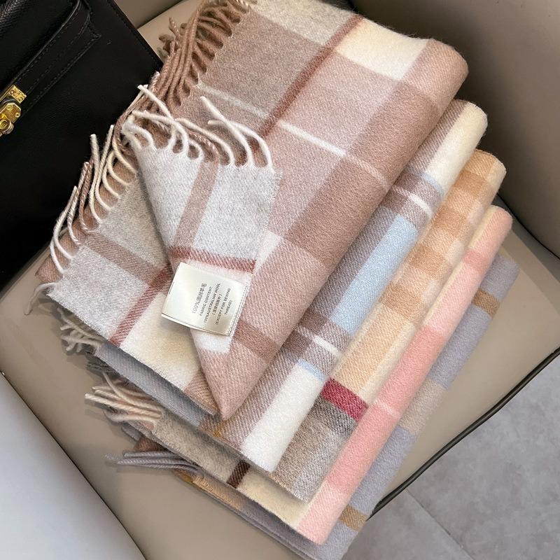Pure Wool Scarf Men's Autumn and Winter Warm Scarf Beige Grid Long Fringed Scarf Women's Light Luxury High Sense