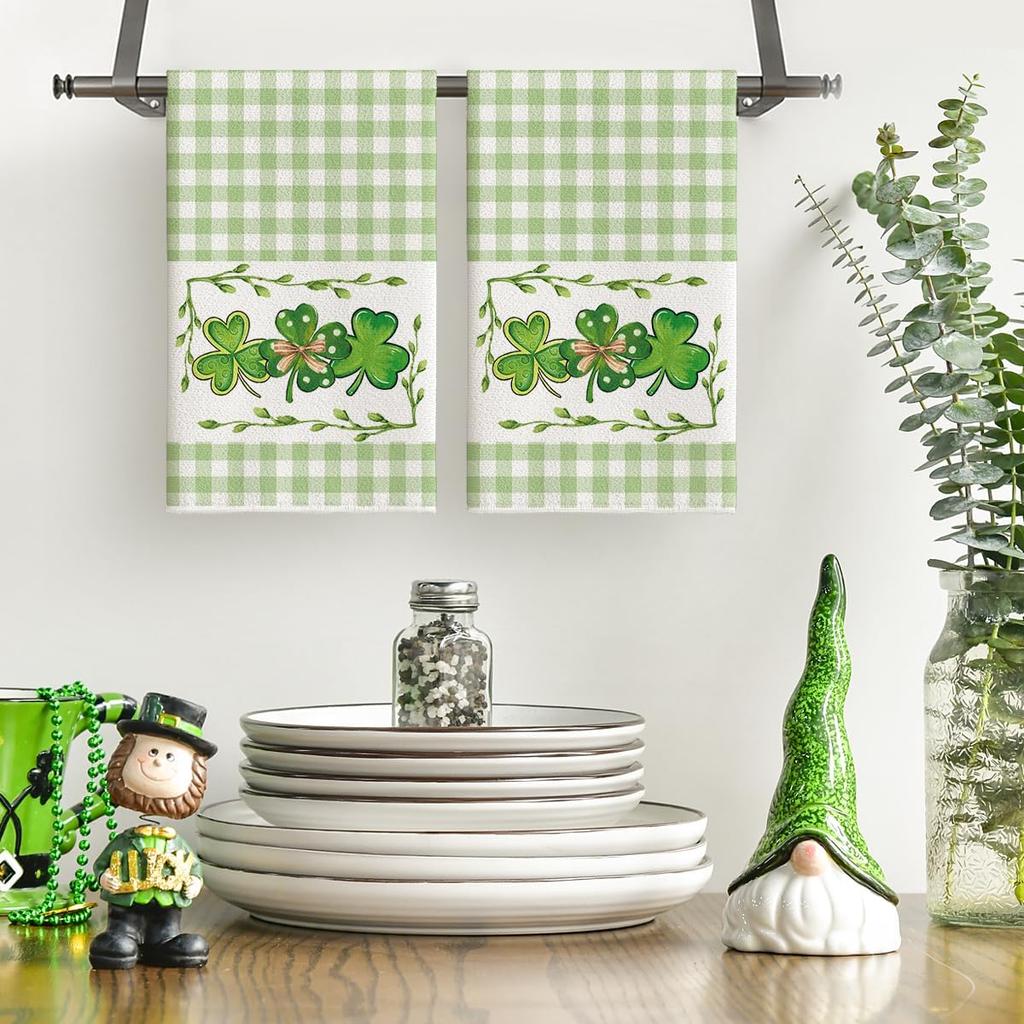 Artoid Mode Buffalo Plaid Clover Shamrock St. Patrick's Day Kitchen Towels Dish Towels, 18x26 Inch Farmhouse Holiday Decoration Hand Towels Set of 2