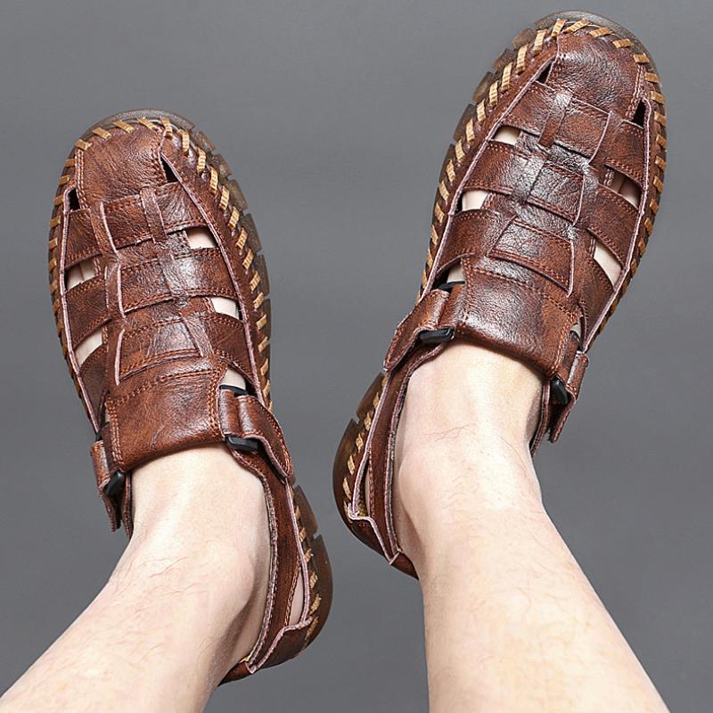 Pánské kožené plážové sandály, ručně šité, letní, kožené, plážové, outdoorové, módní, turistické, pánské sandály
