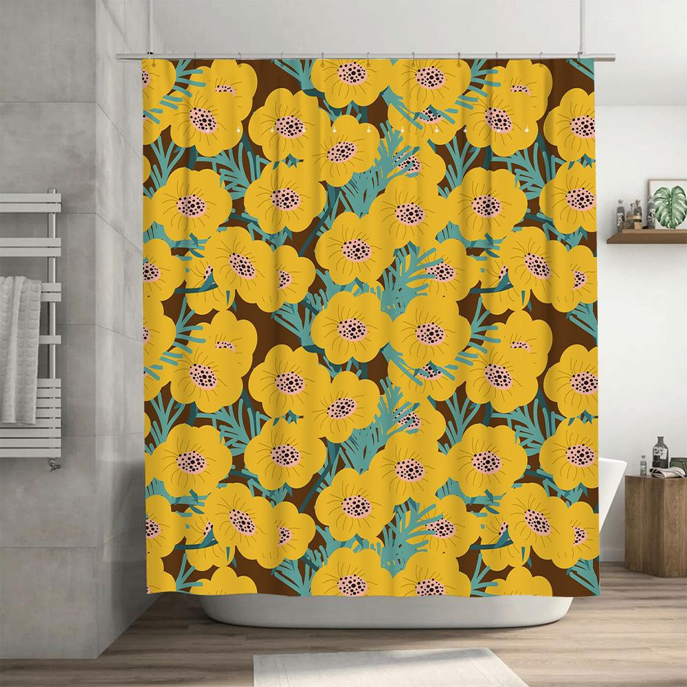 Modern Floral Shower Curtain Vivid Yellow Blue Design for Bathroom Decor Polyester Fabric with Hooks Included (180x240cm)