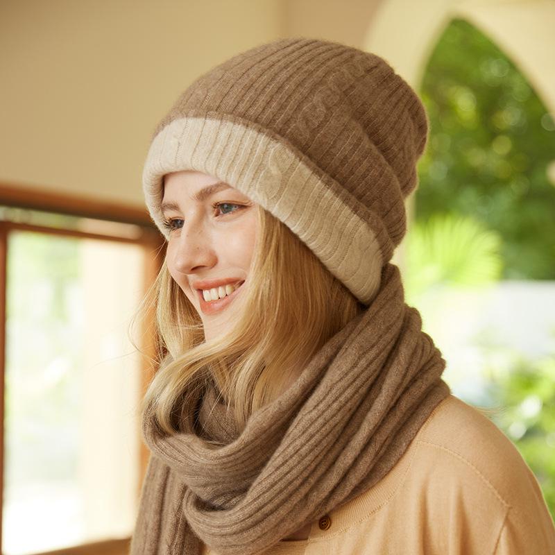 Women s 100% Pure Cashmere Double-Sided Cable Knit Color Block Hat for Autumn & Winter One Size