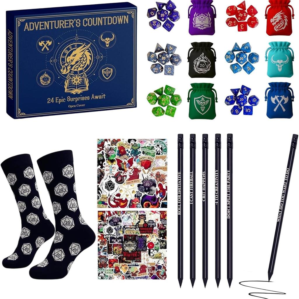 Christmas Dice Advent Calendar 2025, 24 Days Countdown Calendar Christmas Pencil Stickers Socks Necklaces