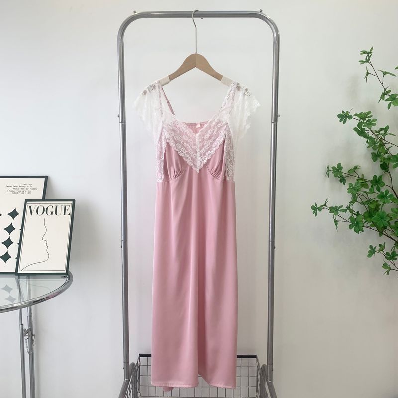 Sexy Pajamas Women's Summer Soft Ice Silk Thin Lace Mid Length Long Length Slip Nightdress Pure Desire Princess Style Home Wear