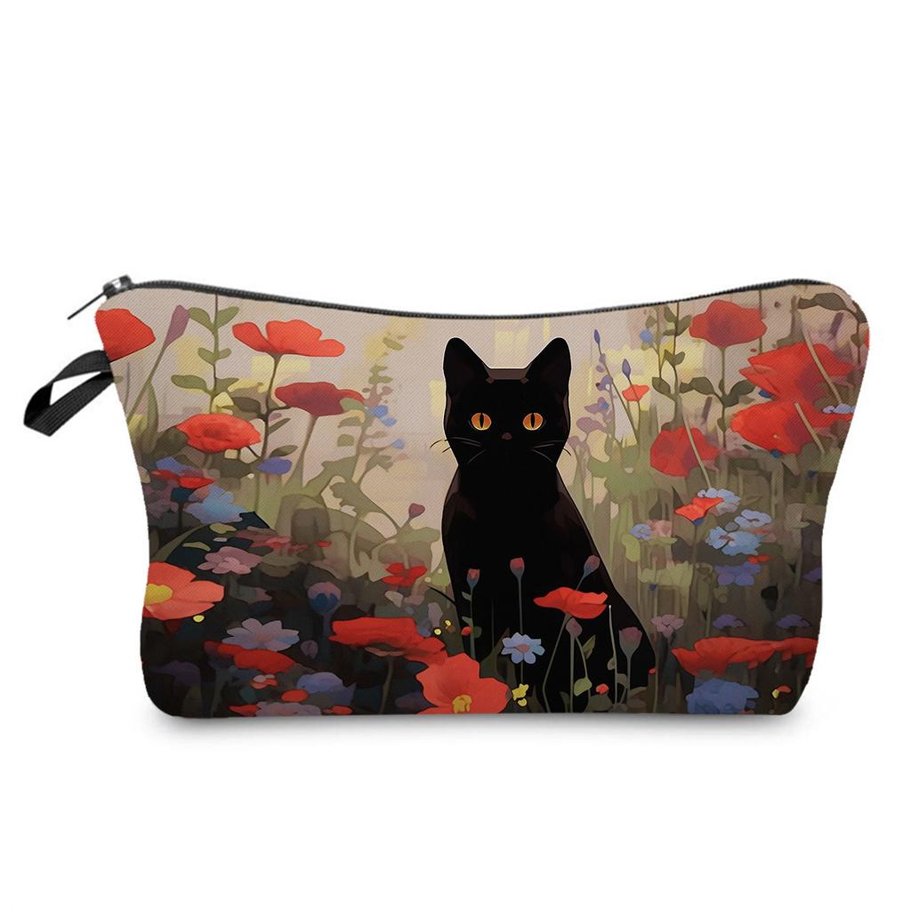 Black Cat Printed Cosmetic Bag, Daily Travel Nail Polish Storage Bag, Lipstick Skin Care Product Clutch Bag