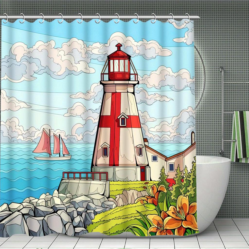Lighthouse 4pcs Bathroom Set, Bathroom Curtain, Absorbent Bathroom Floor Carpet, Non-slip U-Shaped Contour Rug & Toilet Lid