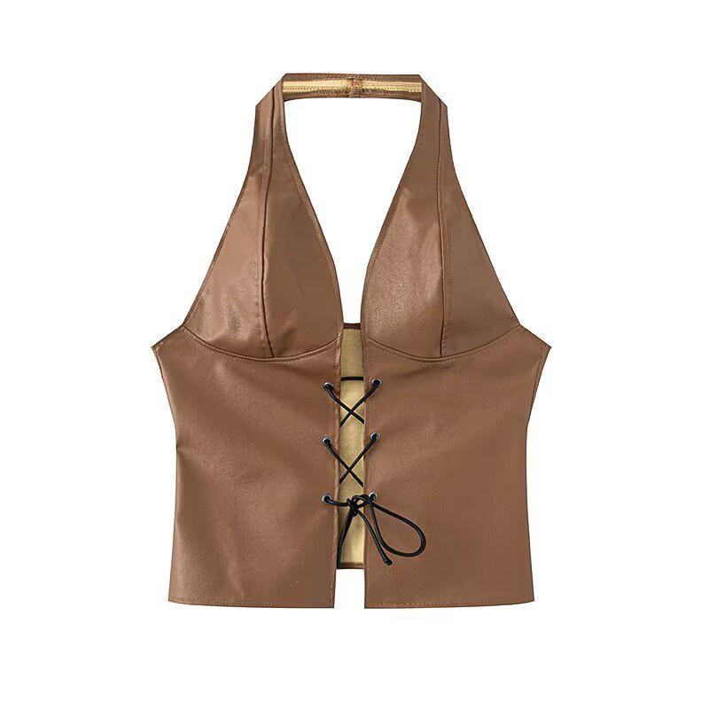 2025 Spring Women's Euro-American Style Halter Tie-Up Cutout PU Crop Vest